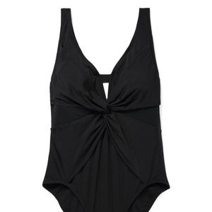 Adore Me Adrienne Contour Plus Knot Front V-Neck Mesh Sides Black One Piece Swim